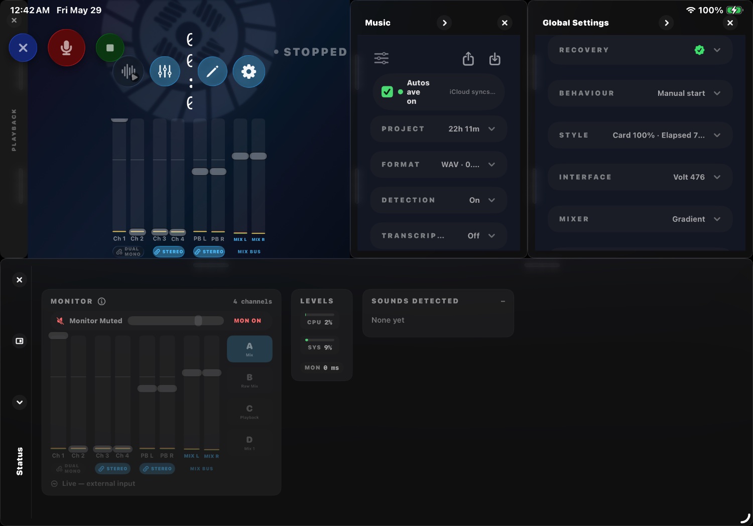 ClutchRec on iPad — record, presets, and the monitor mixing board